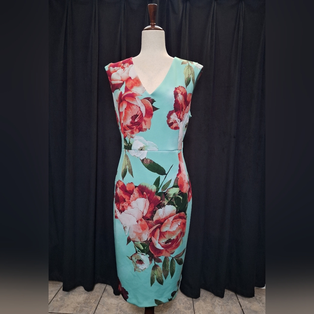 Calvin Klein Aqua and Red Floral Midi Dress